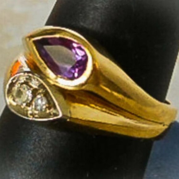 Vintage 14K Gold Sapphire & Diamond Ring Band Statement Cocktail Sz 9 - Picture 10 of 11